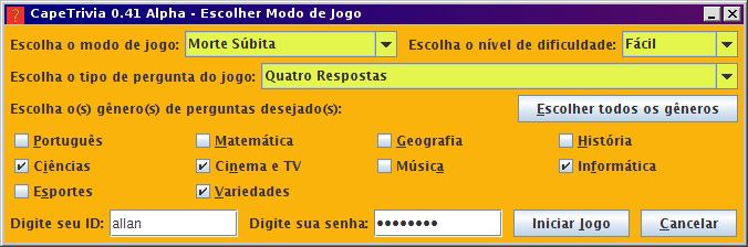 Tela de Escolha do Modo de Jogo