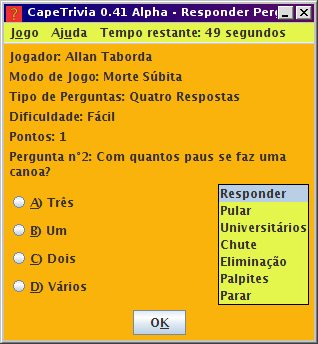 Tela do Jogo em Andamento, com Perguntas de Quatro Respostas
