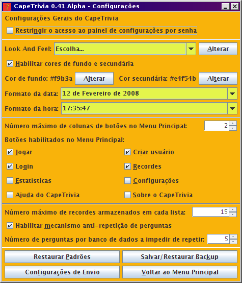 Tela de Configura��es