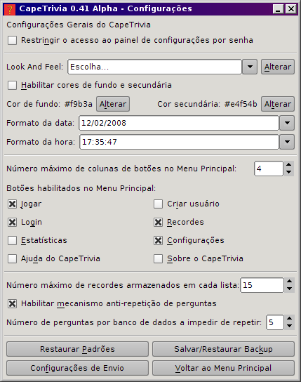 Tela de Configura��es, com Look and Feel GTK